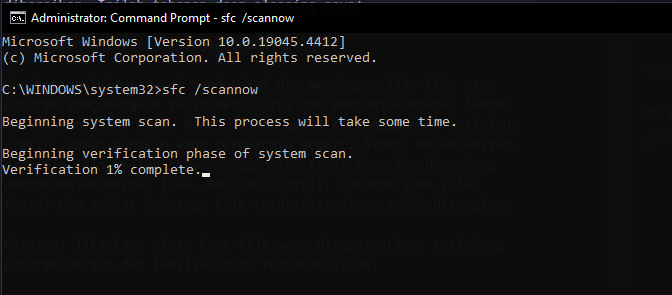 Windows system repair tools running in an administrator terminal