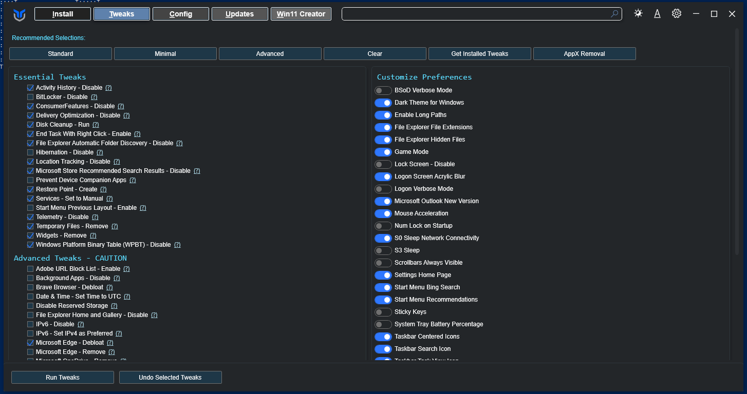 Chris Titus Windows Utility showing the selected Windows tweaks